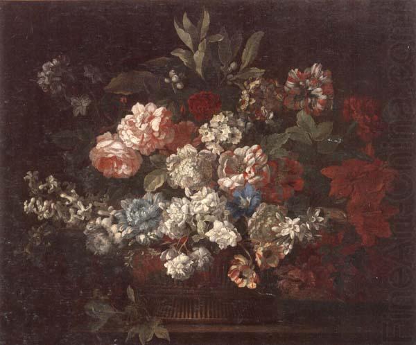 Still life of various flowers,in a wicker basket,upon a stone ledge, unknow artist